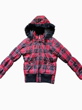 Rue21 Red and Black Plaid Hooded Puffer Jacket